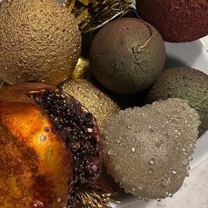 Christmas Ornaments: 20 Burgundy, Hunter Green and Gold misc ornaments (various)